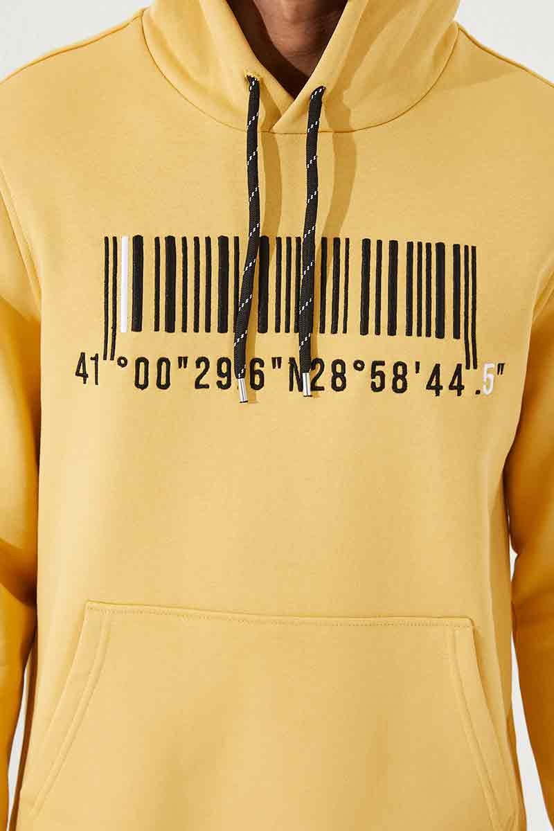 Hardal Nakışlı Kanguru Cep Standart Kalıp Kapüşonlu Erkek Sweatshirt - 87839