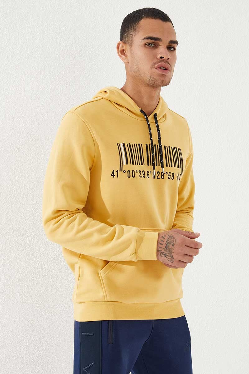 Hardal Nakışlı Kanguru Cep Standart Kalıp Kapüşonlu Erkek Sweatshirt - 87839