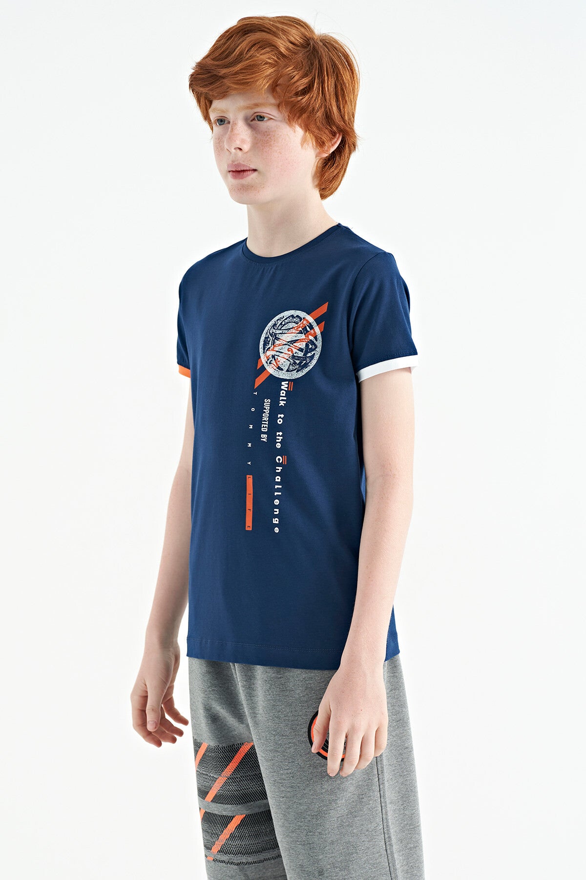 İndigo Baskı Detaylı O Yaka Standart Kalıp Erkek Çocuk T-Shirt - 11131