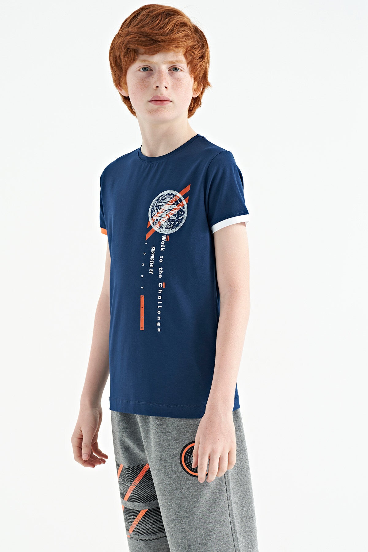 İndigo Baskı Detaylı O Yaka Standart Kalıp Erkek Çocuk T-Shirt - 11131