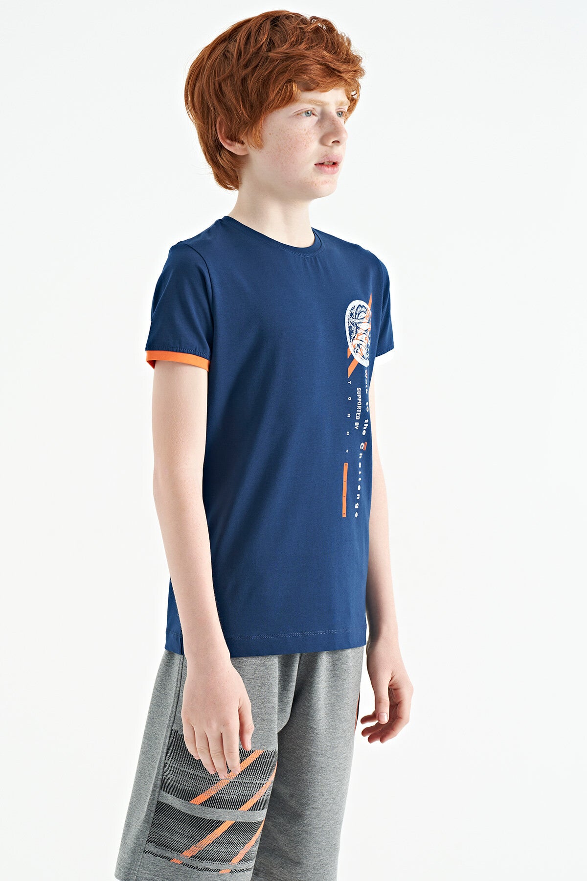 İndigo Baskı Detaylı O Yaka Standart Kalıp Erkek Çocuk T-Shirt - 11131