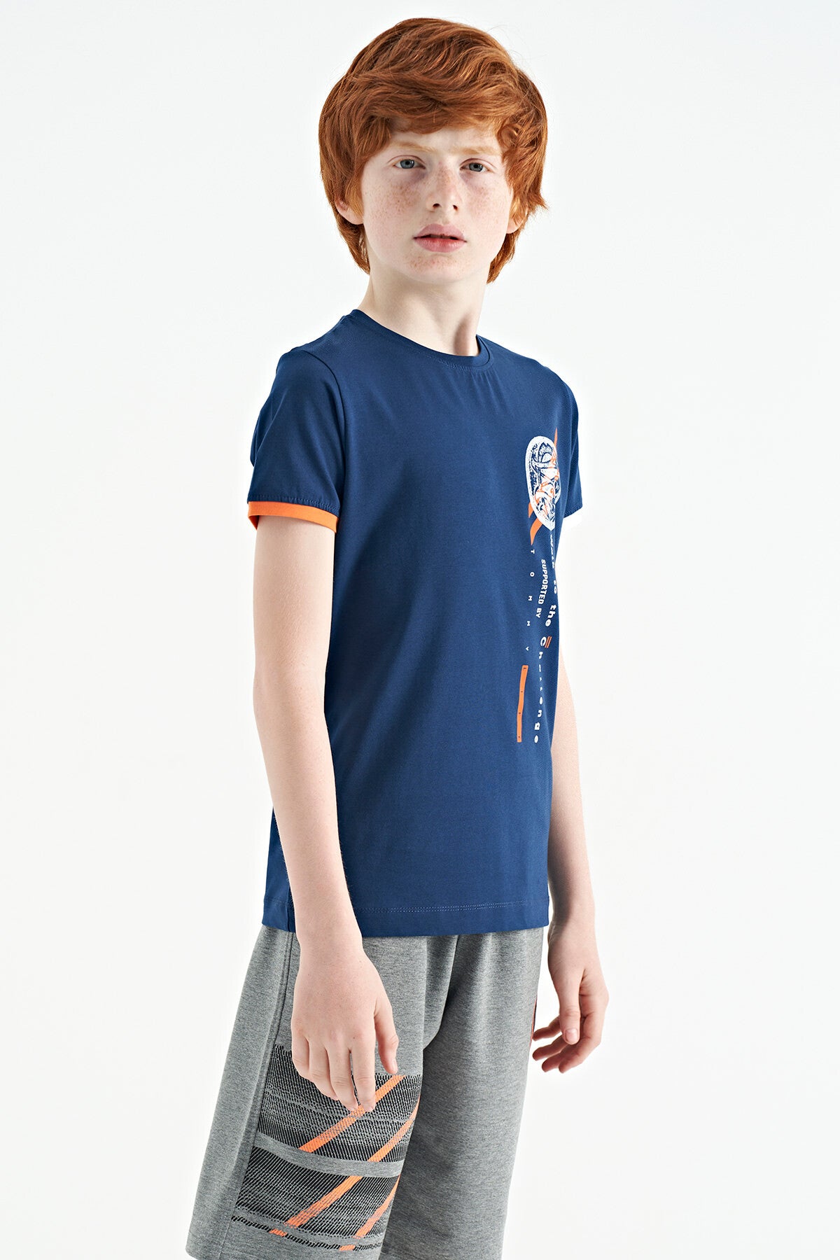 İndigo Baskı Detaylı O Yaka Standart Kalıp Erkek Çocuk T-Shirt - 11131
