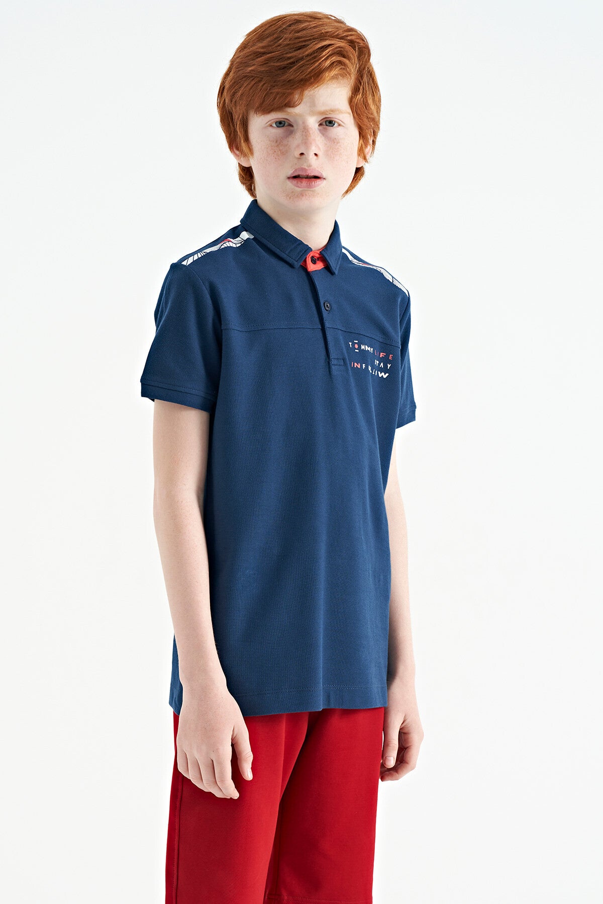 İndigo Baskı Detaylı Standart Kalıp Polo Yaka Erkek Çocuk T-Shirt - 11140