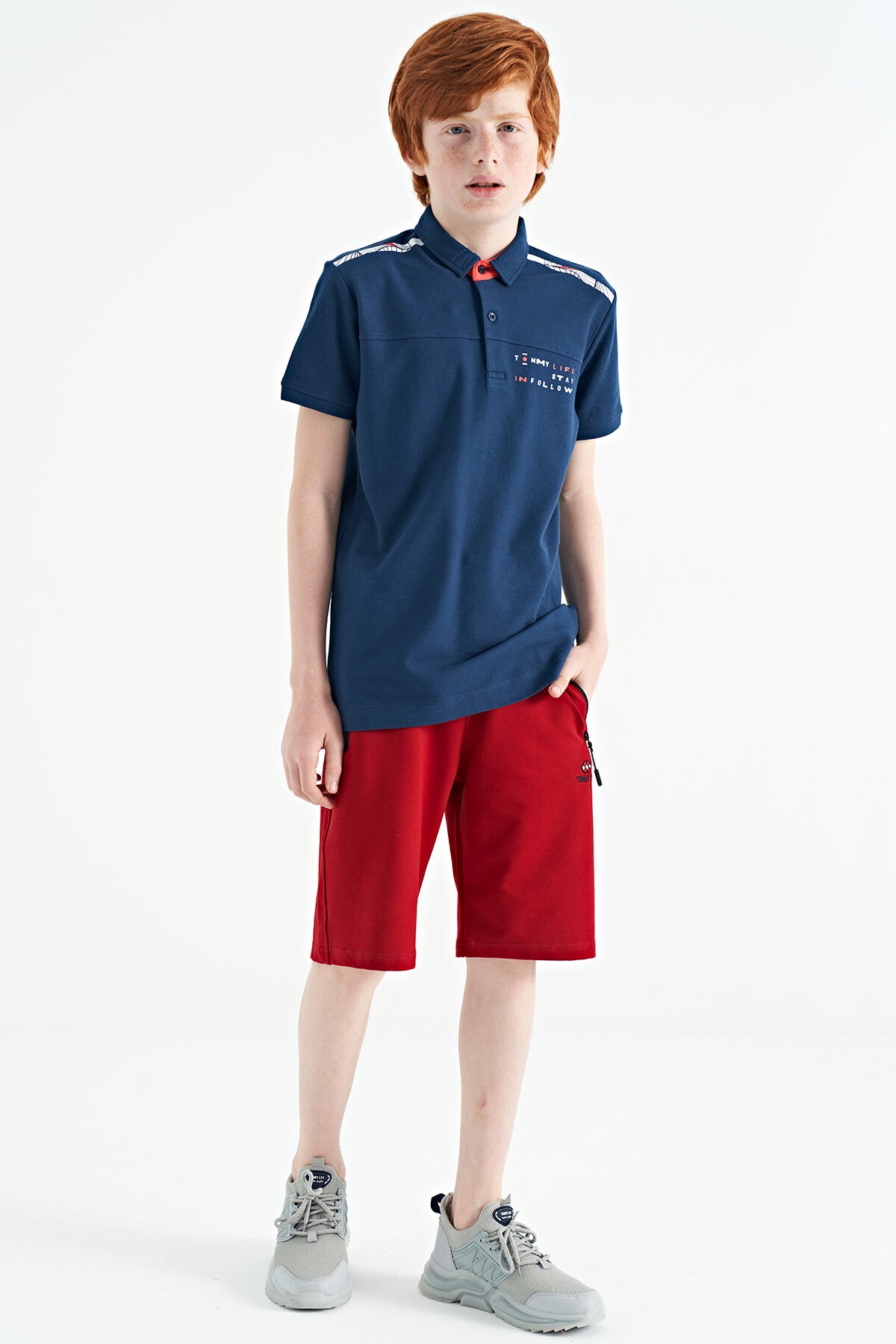 İndigo Baskı Detaylı Standart Kalıp Polo Yaka Erkek Çocuk T-Shirt - 11140