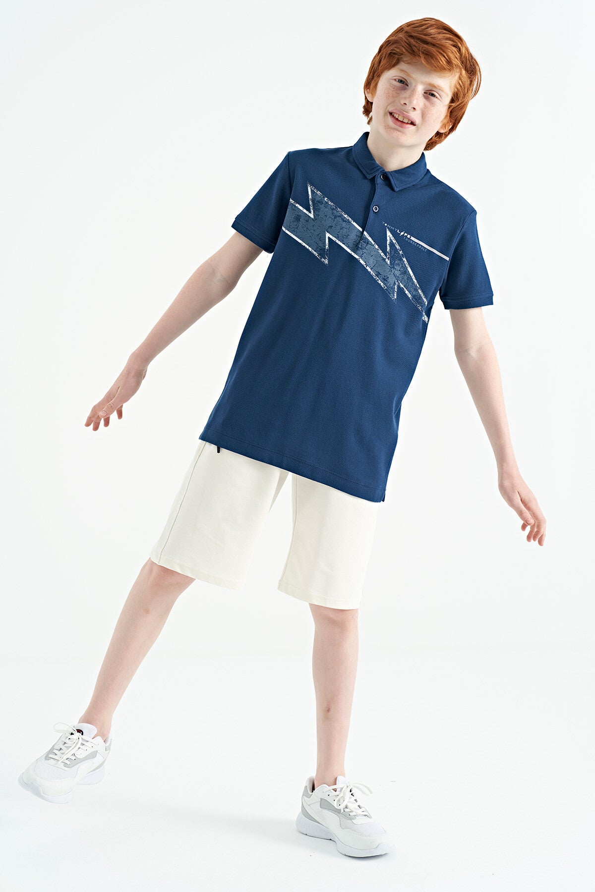 İndigo Baskı Detaylı Standart Kalıp Polo Yaka Erkek Çocuk T-Shirt - 11154