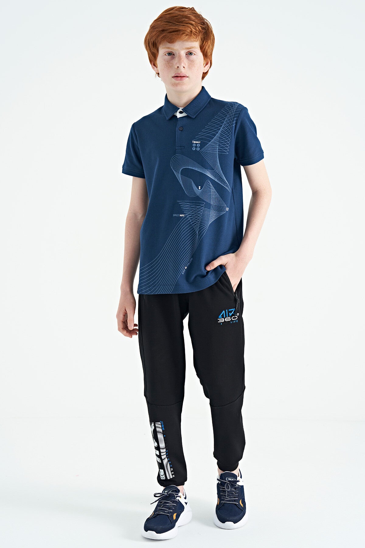 İndigo Baskı Detaylı Standart Kalıp Polo Yaka Erkek Çocuk T-Shirt - 11164