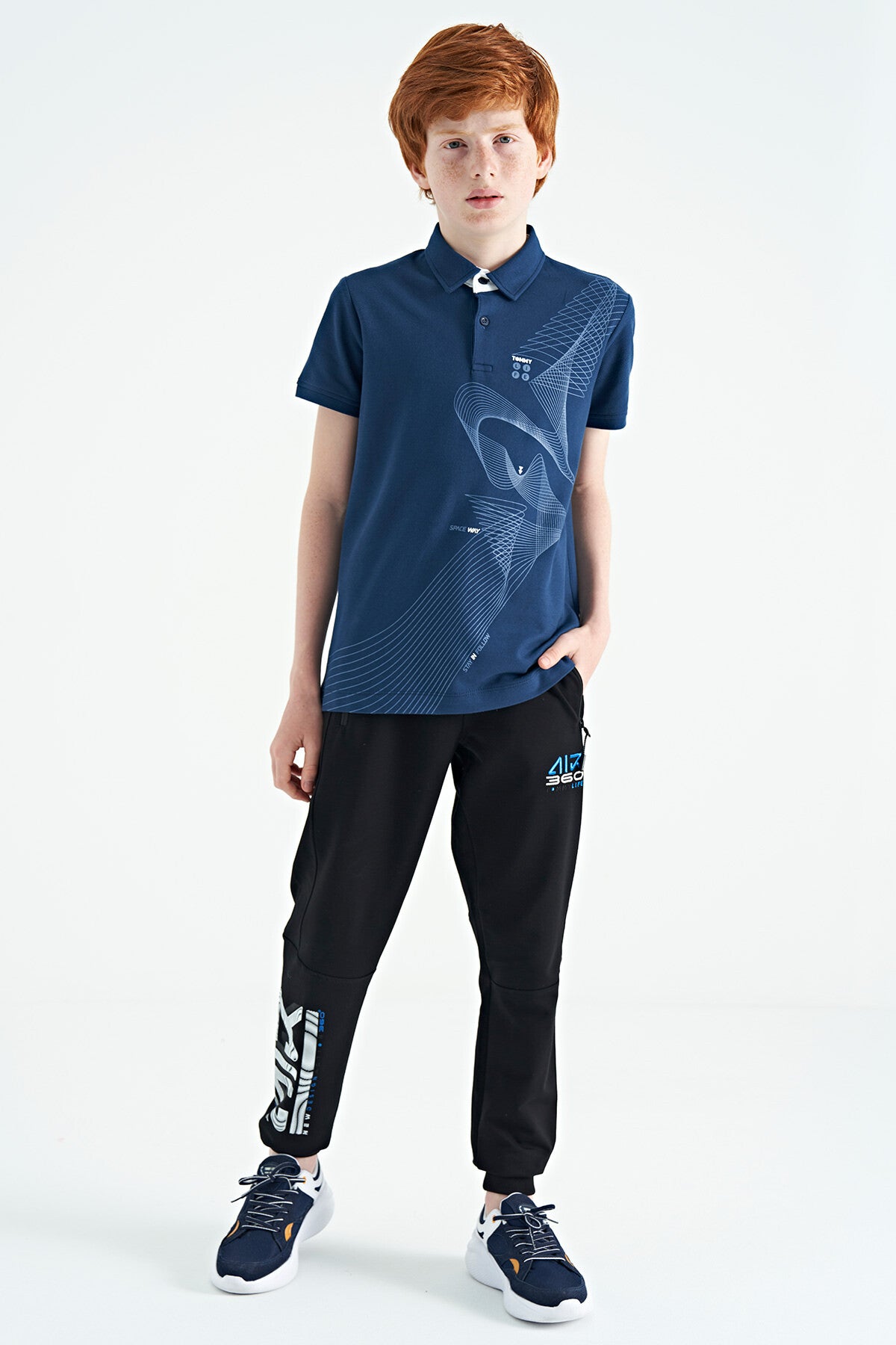 İndigo Baskı Detaylı Standart Kalıp Polo Yaka Erkek Çocuk T-Shirt - 11164