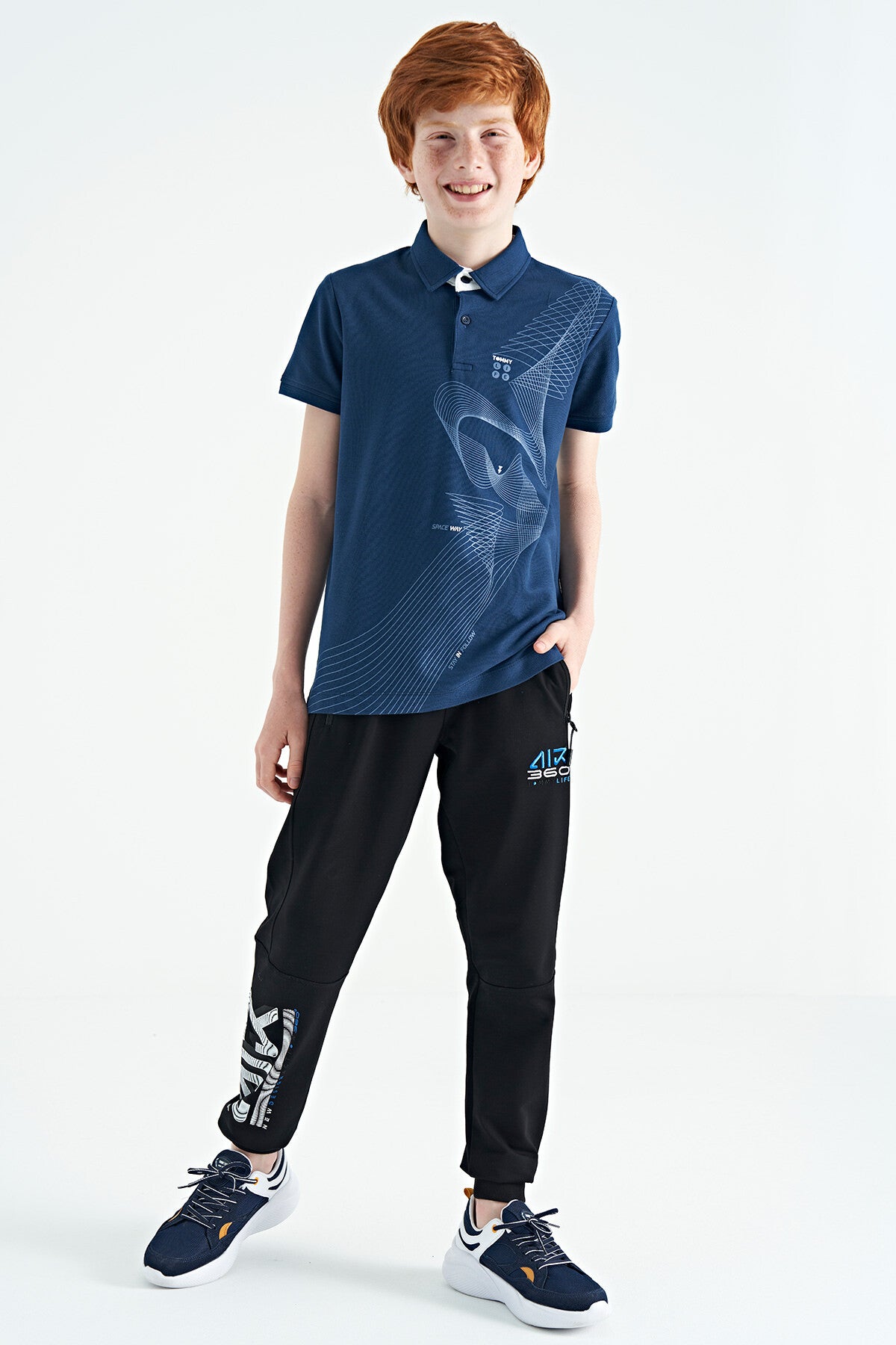 İndigo Baskı Detaylı Standart Kalıp Polo Yaka Erkek Çocuk T-Shirt - 11164