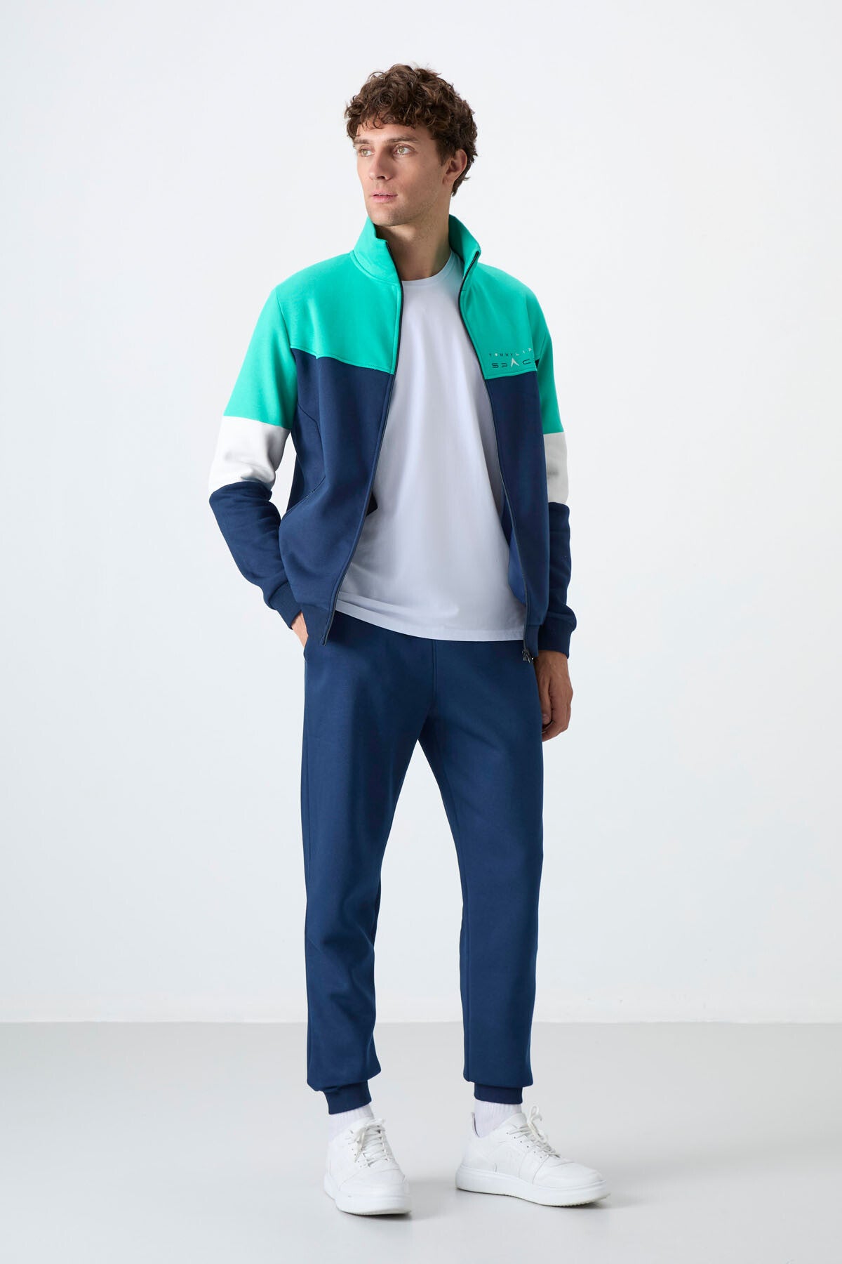 İndigo Dik Yaka Renk Geçişli İçi Polarlı Erkek Eşofman Takımı - 85186