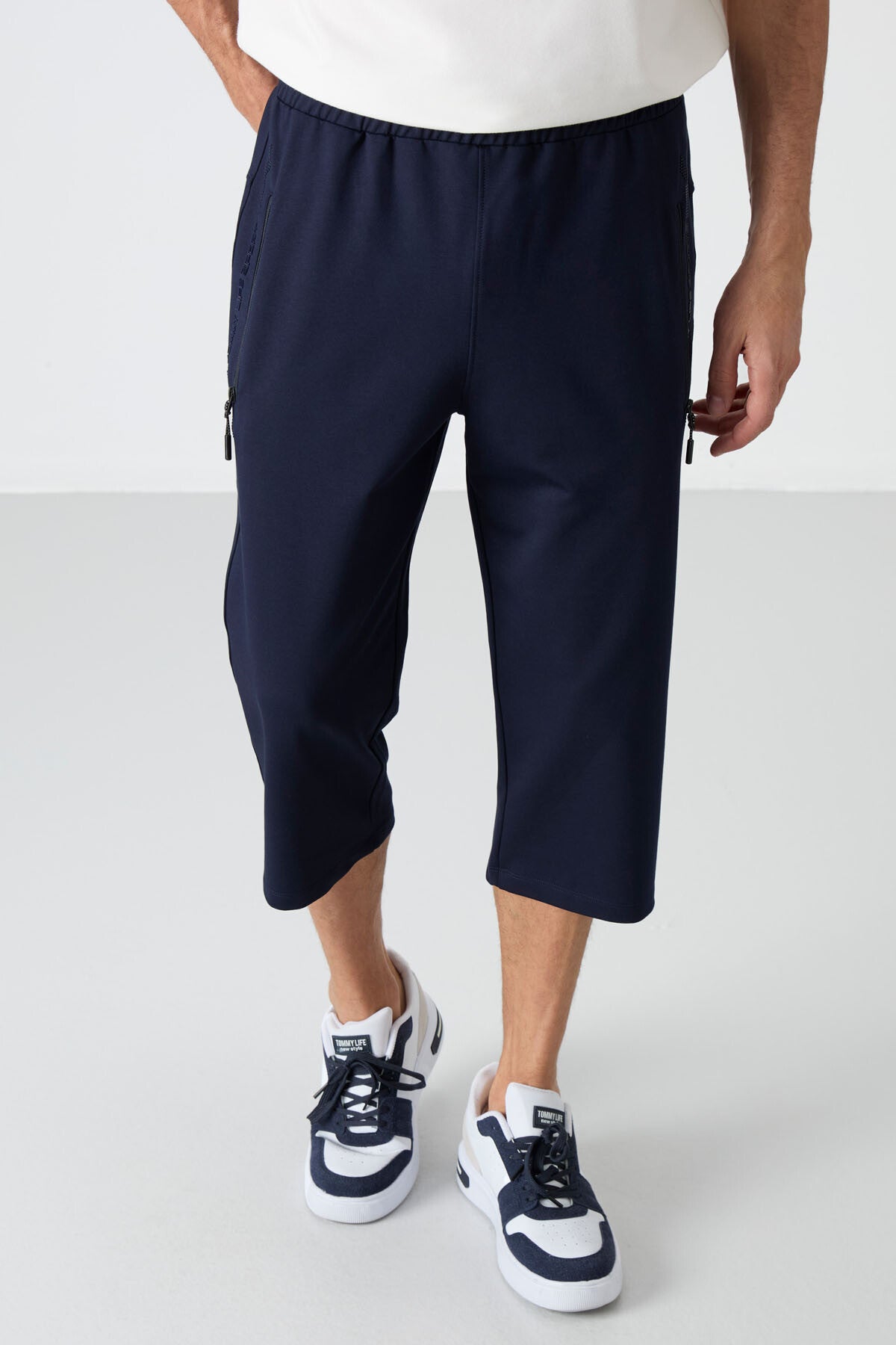 İndigo Fermuar Cepli Standart Kalıp Klasik Paça Erkek Kapri - 83091