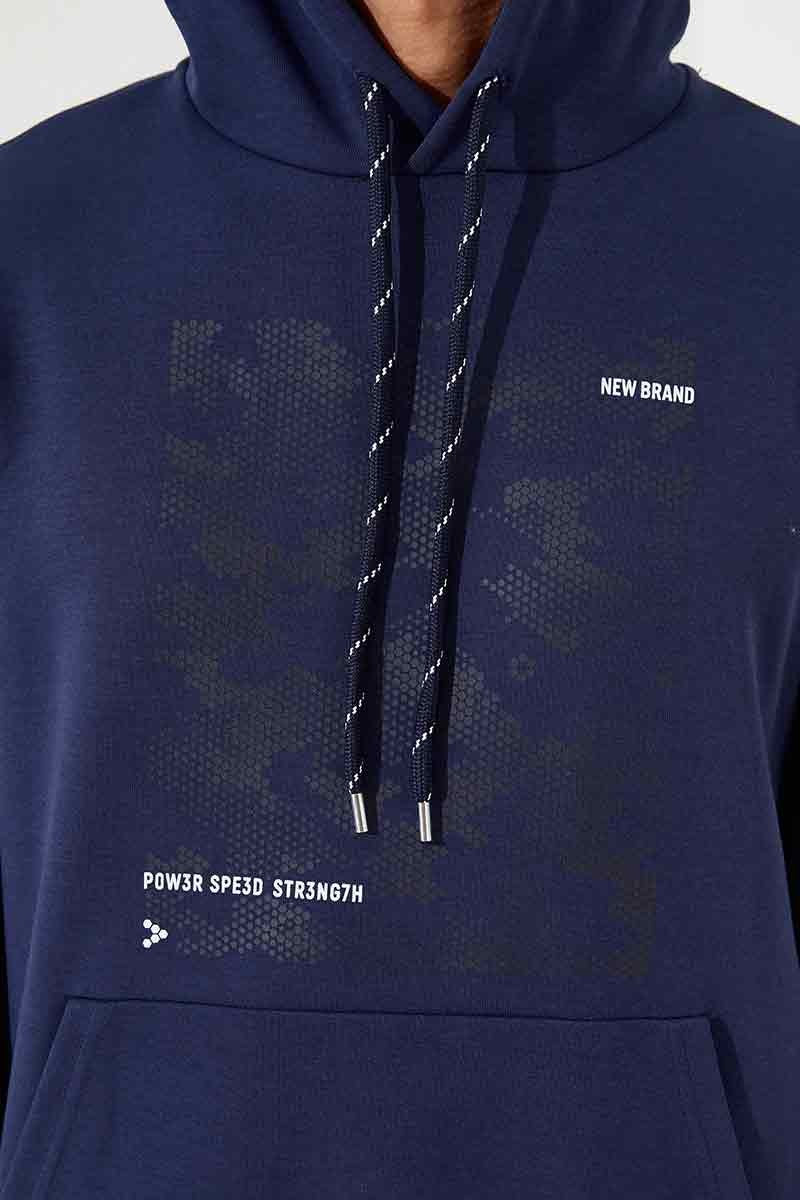 İndigo Kamuflaj Desen Baskılı Standart Kalıp Kapüşonlu Erkek Sweatshirt - 87884