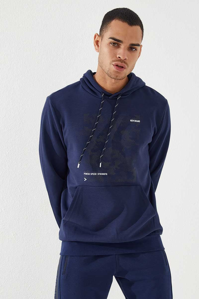 İndigo Kamuflaj Desen Baskılı Standart Kalıp Kapüşonlu Erkek Sweatshirt - 87884