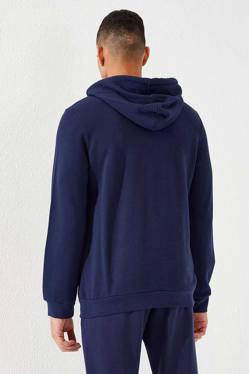 İndigo Kanguru Cep Standart Kalıp Kapüşonlu Erkek Sweatshirt - 87872