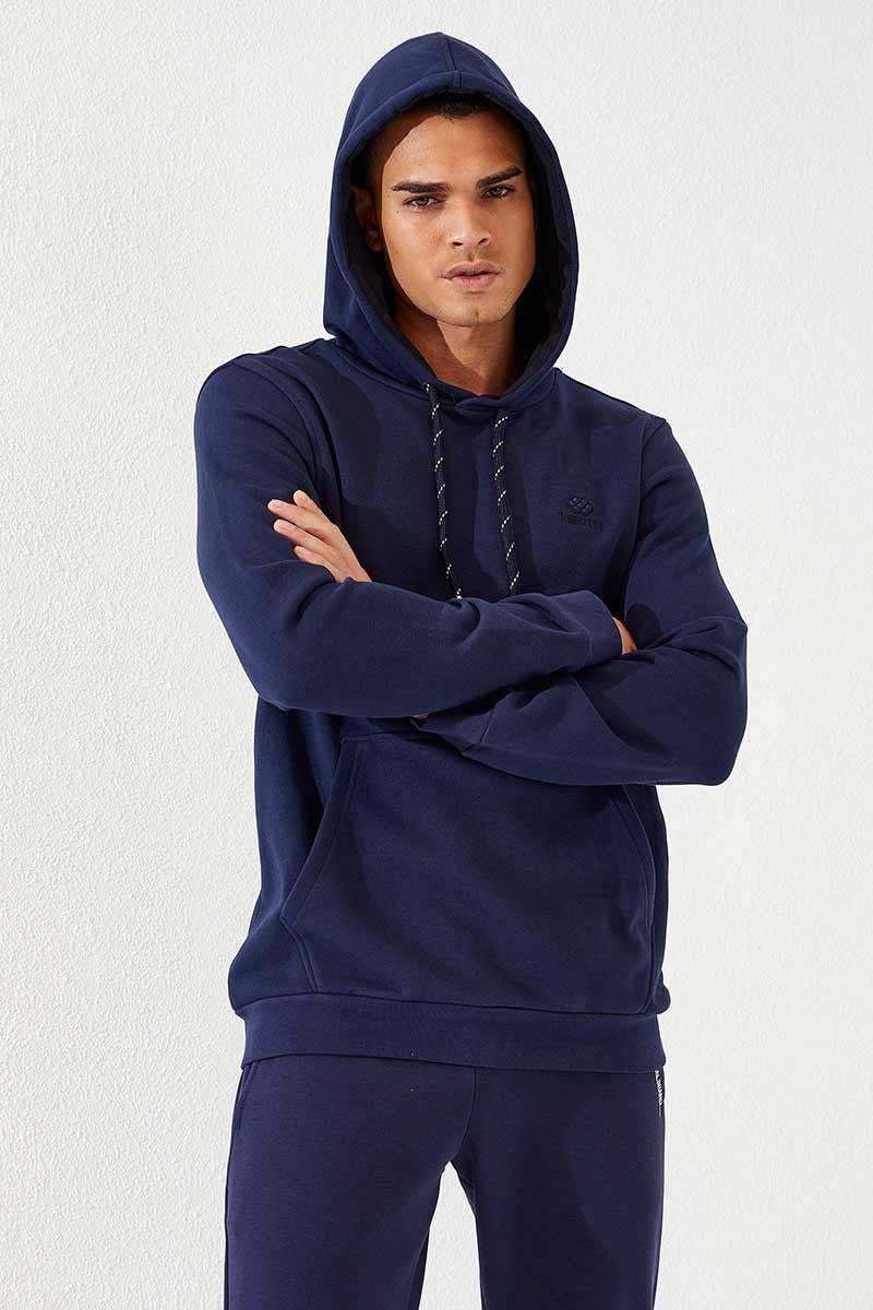 İndigo Kanguru Cep Standart Kalıp Kapüşonlu Erkek Sweatshirt - 87872
