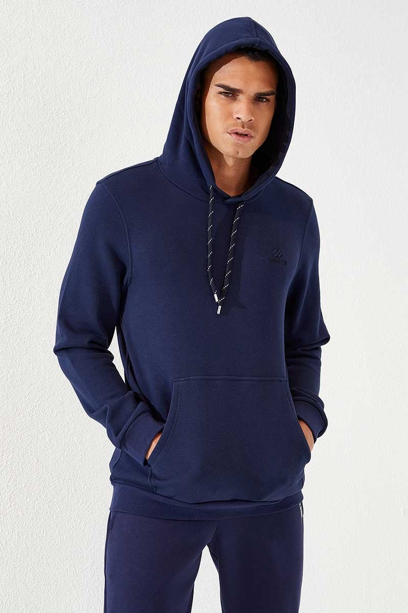 İndigo Kanguru Cep Standart Kalıp Kapüşonlu Erkek Sweatshirt - 87872