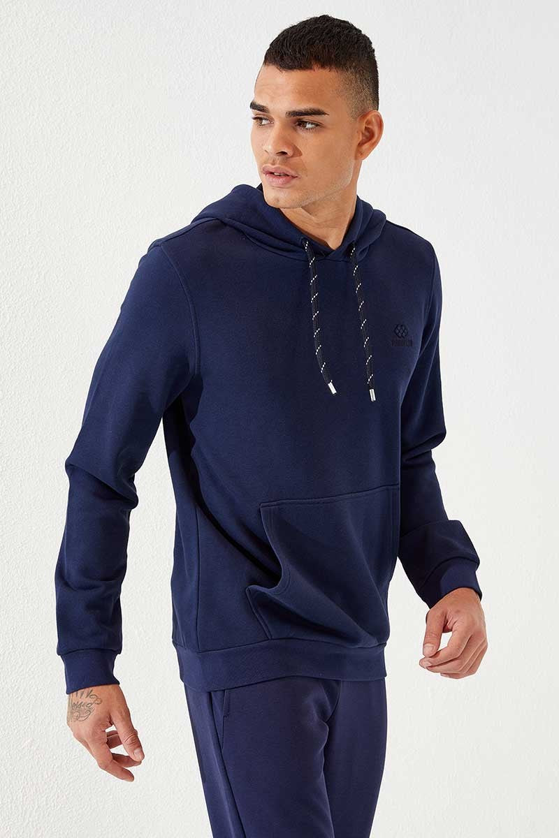 İndigo Kanguru Cep Standart Kalıp Kapüşonlu Erkek Sweatshirt - 87872