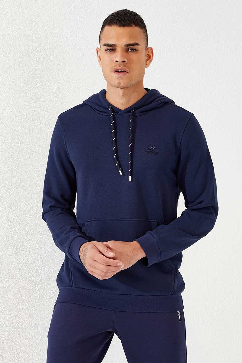 İndigo Kanguru Cep Standart Kalıp Kapüşonlu Erkek Sweatshirt - 87872
