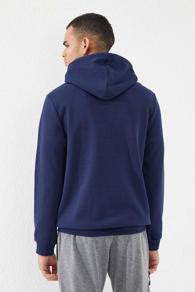İndigo Kanguru Cep Standart Kalıp Kapüşonlu Erkek Sweatshirt - 87883