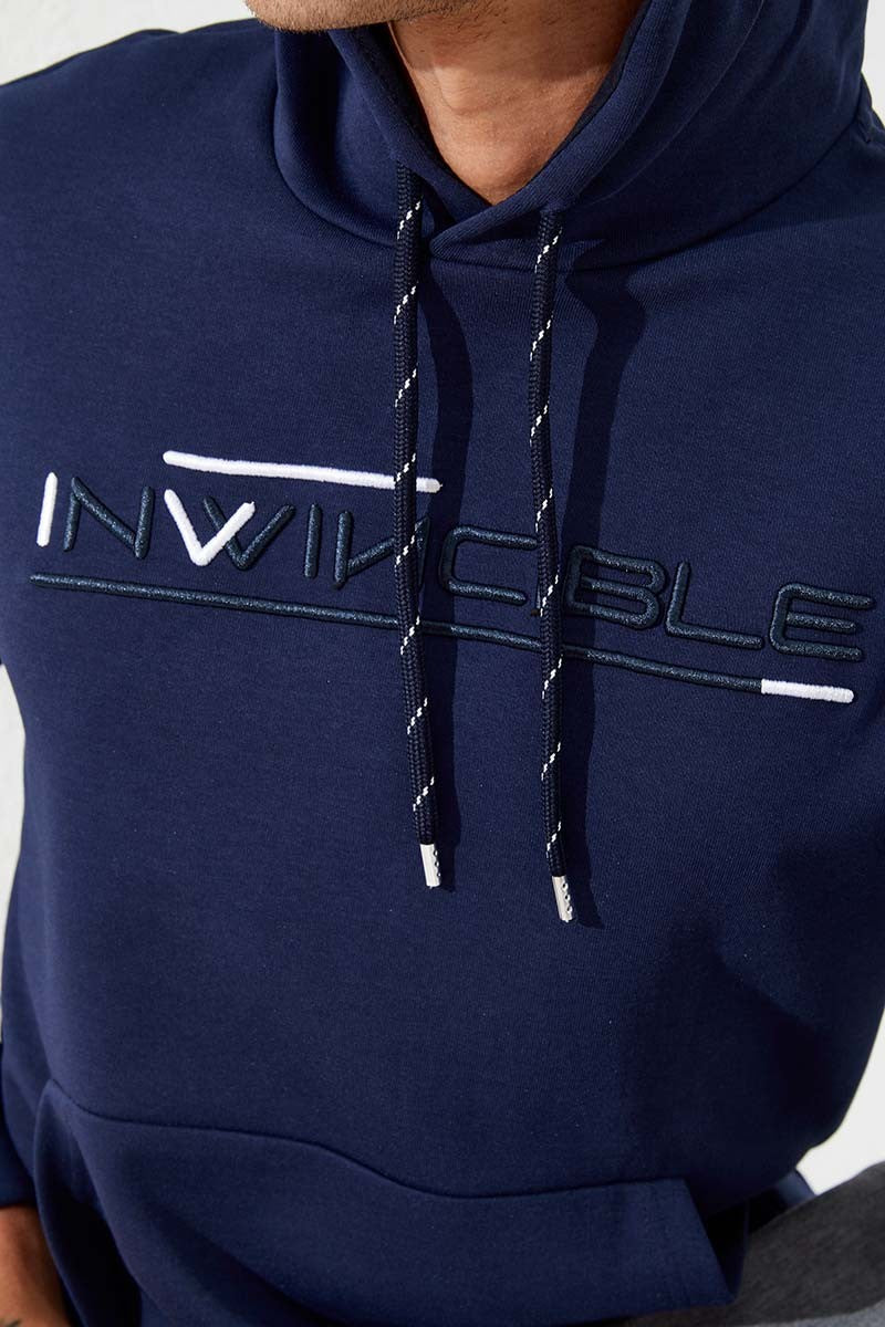 İndigo Kanguru Cep Standart Kalıp Kapüşonlu Erkek Sweatshirt - 87883