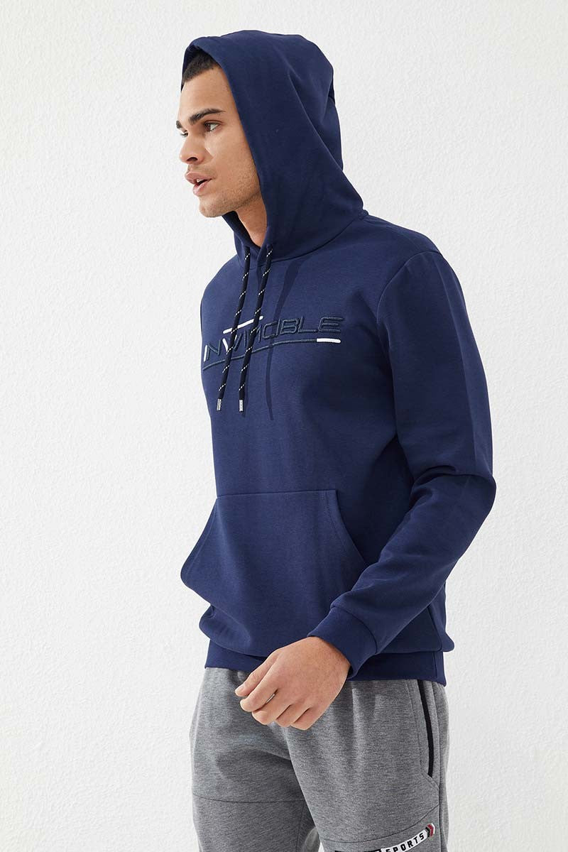 İndigo Kanguru Cep Standart Kalıp Kapüşonlu Erkek Sweatshirt - 87883