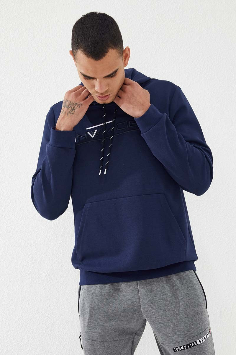 İndigo Kanguru Cep Standart Kalıp Kapüşonlu Erkek Sweatshirt - 87883