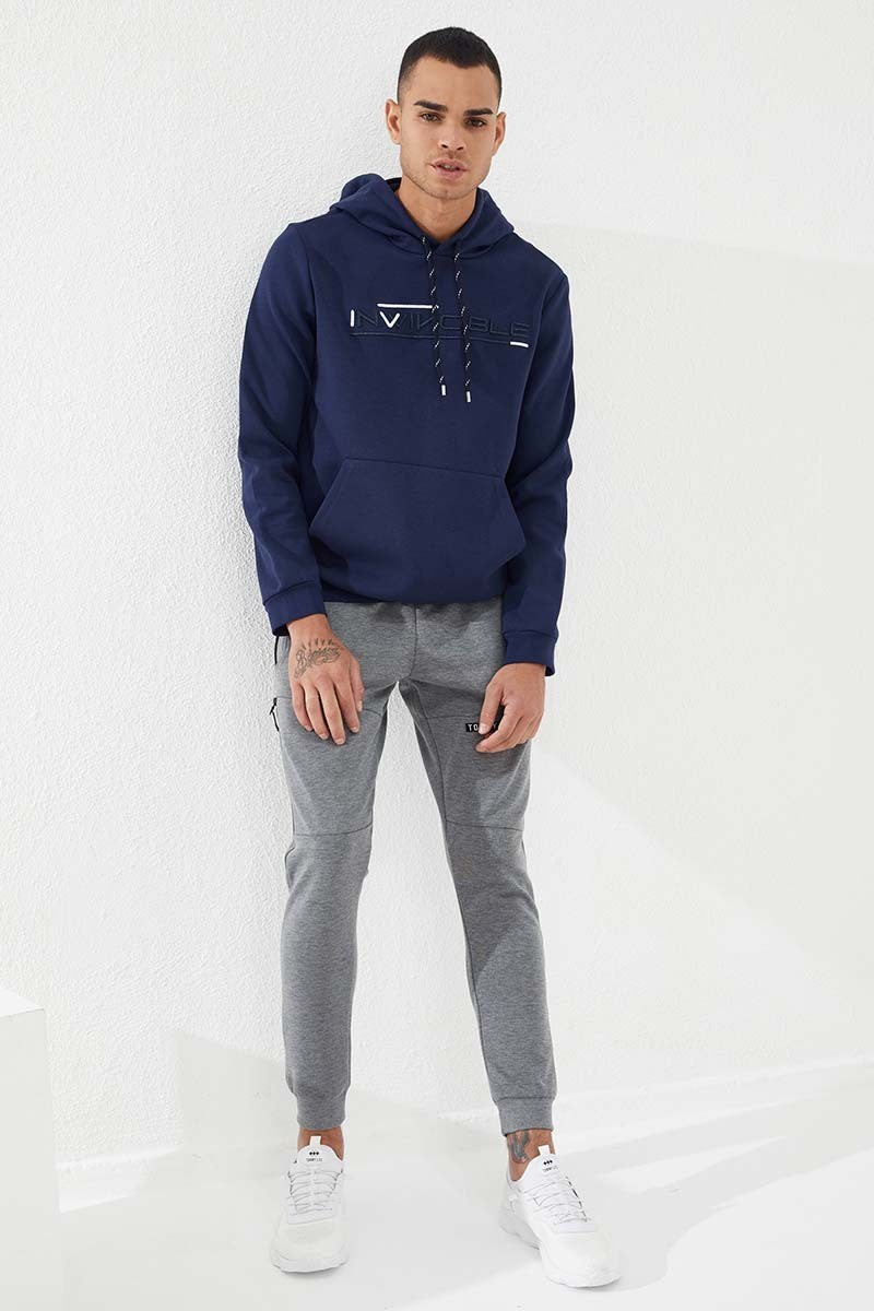 İndigo Kanguru Cep Standart Kalıp Kapüşonlu Erkek Sweatshirt - 87883