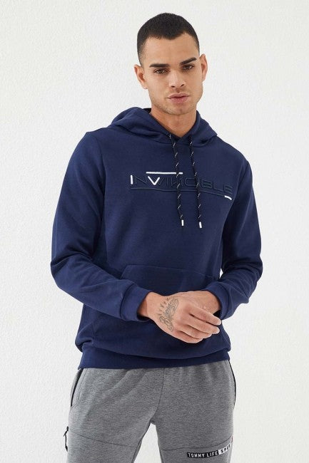İndigo Kanguru Cep Standart Kalıp Kapüşonlu Erkek Sweatshirt - 87883