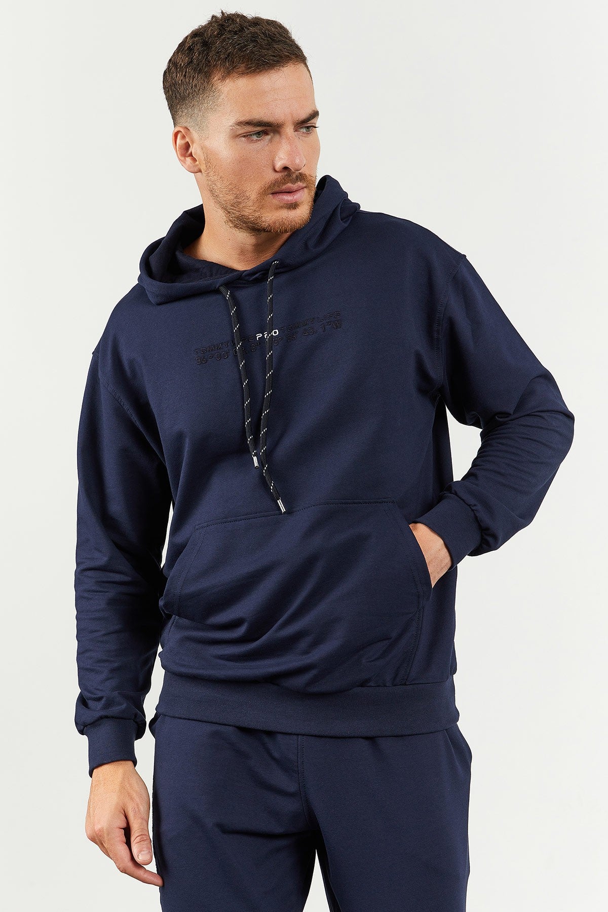 İndigo Kapüşonlu Kanguru Cep Lastik Paça Erkek Oversize Eşofman Takımı - 85117