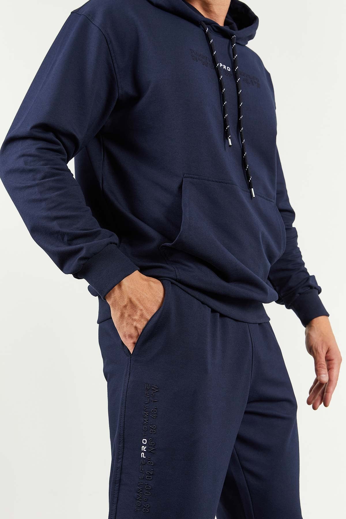 İndigo Kapüşonlu Kanguru Cep Lastik Paça Erkek Oversize Eşofman Takımı - 85117