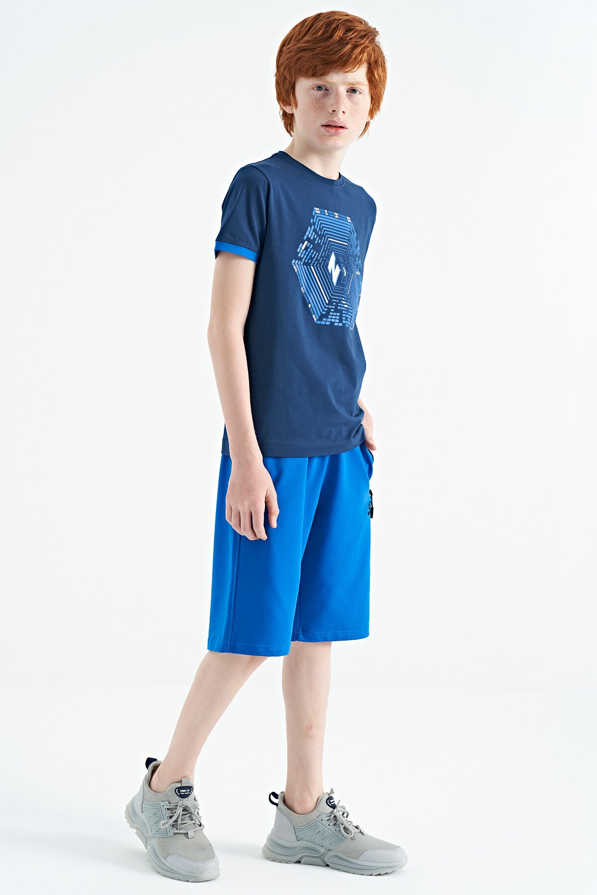İndigo Kol Ucu Renkli Detaylı Baskılı Standart Kalıp Erkek Çocuk T-Shirt - 11156