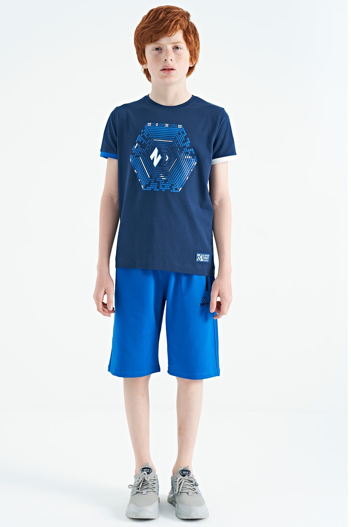 İndigo Kol Ucu Renkli Detaylı Baskılı Standart Kalıp Erkek Çocuk T-Shirt - 11156