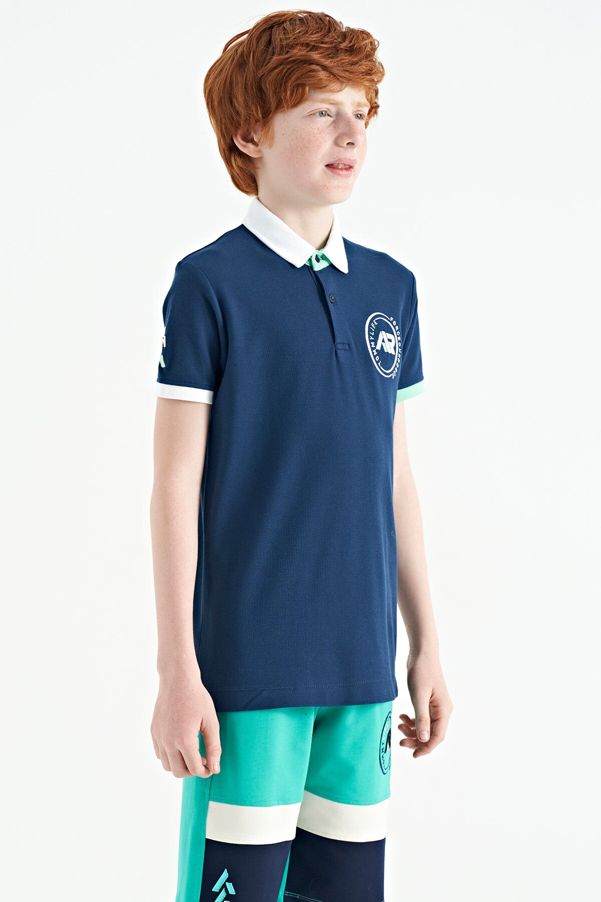 İndigo Kol Ucu Renkli Logo Nakışlı Standart Kalıp Polo Yaka Erkek Çocuk T-Shirt - 11138