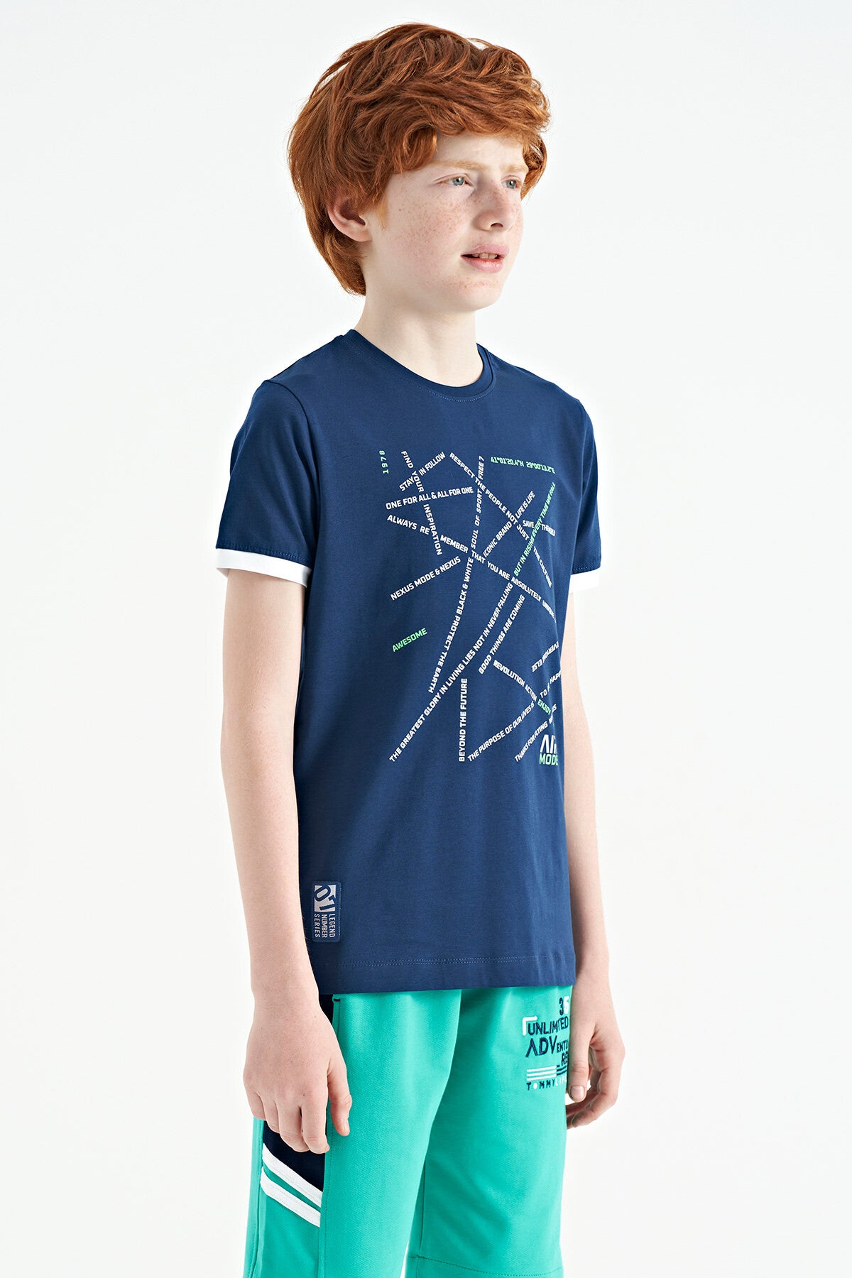 İndigo Minimal Yazı Baskılı Standart Kalıp O Yaka Erkek Çocuk T-Shirt - 11132