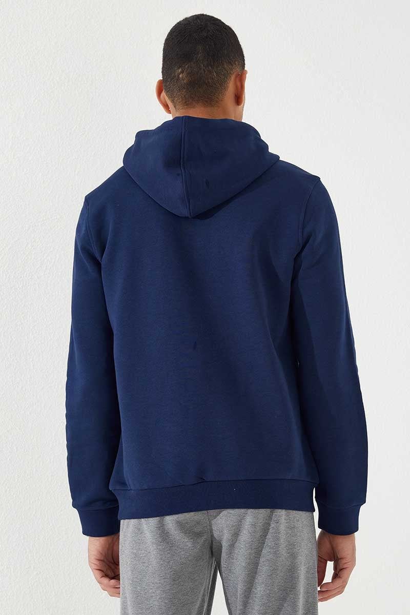İndigo Nakışlı Kanguru Cep Standart Kalıp Kapüşonlu Erkek Sweatshirt - 87839