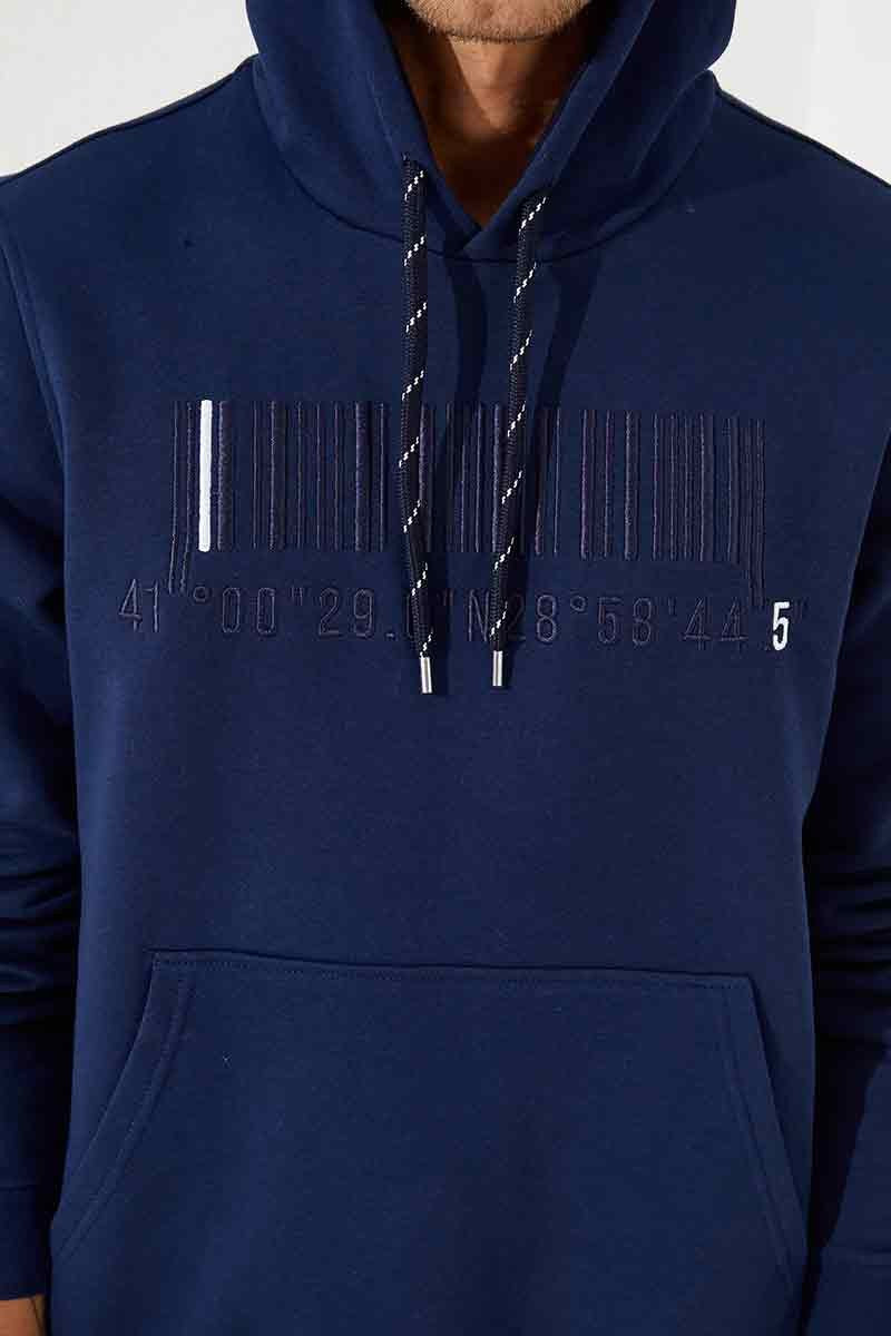 İndigo Nakışlı Kanguru Cep Standart Kalıp Kapüşonlu Erkek Sweatshirt - 87839