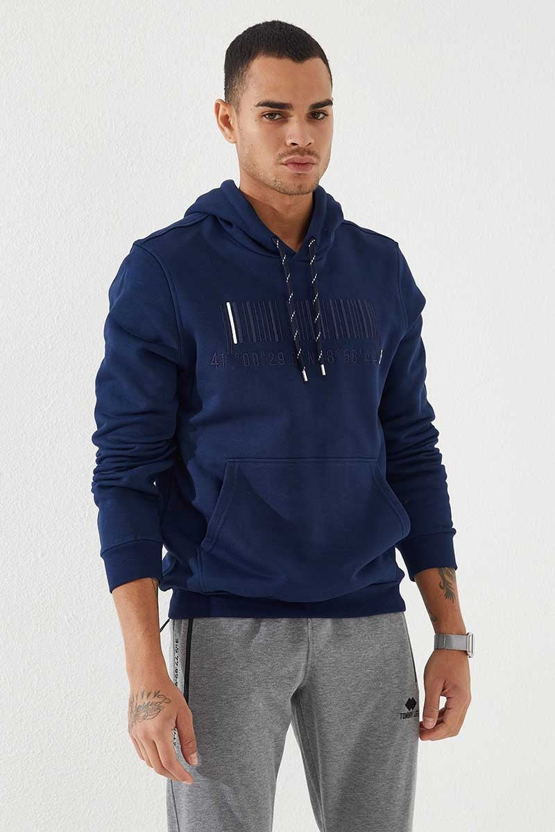 İndigo Nakışlı Kanguru Cep Standart Kalıp Kapüşonlu Erkek Sweatshirt - 87839