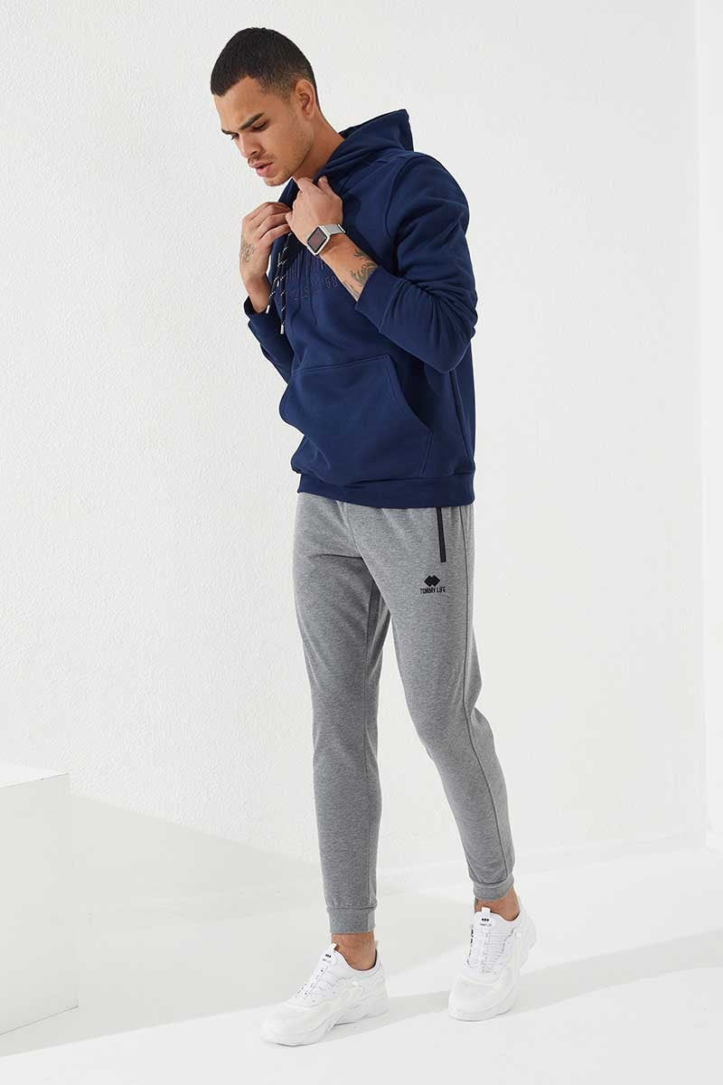 İndigo Nakışlı Kanguru Cep Standart Kalıp Kapüşonlu Erkek Sweatshirt - 87839