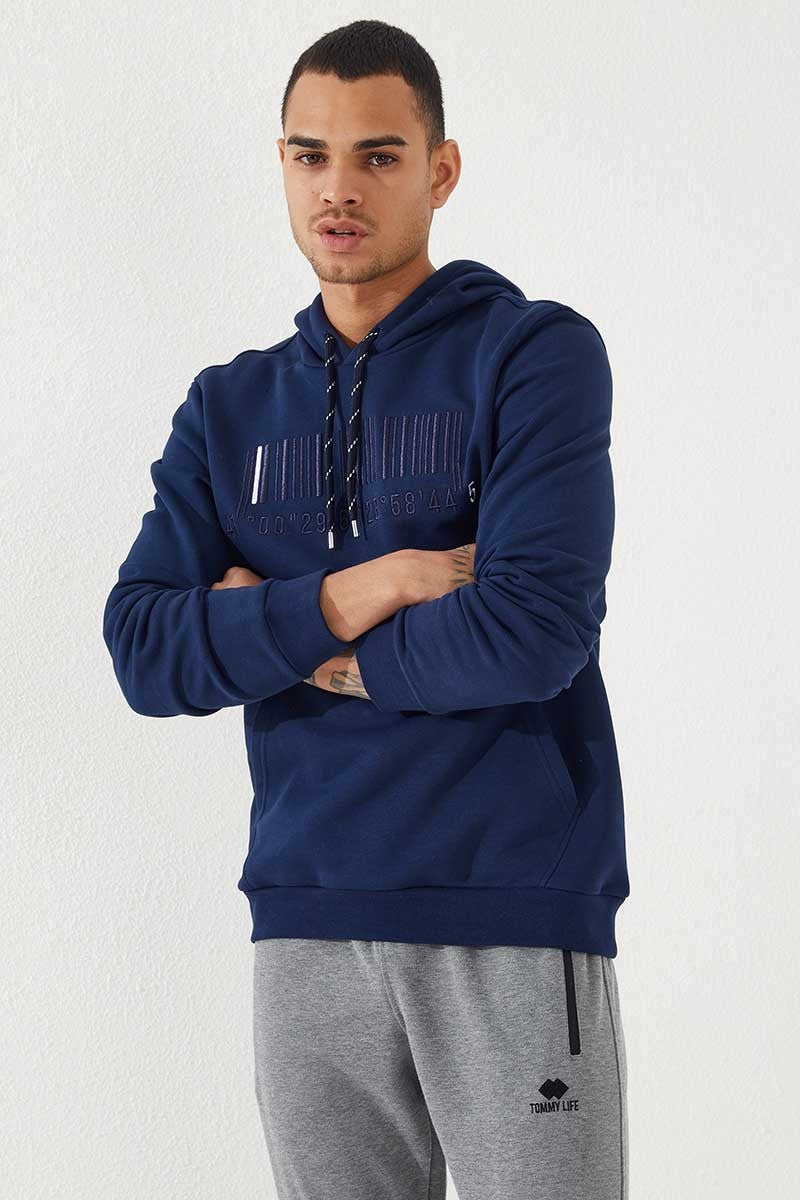 İndigo Nakışlı Kanguru Cep Standart Kalıp Kapüşonlu Erkek Sweatshirt - 87839