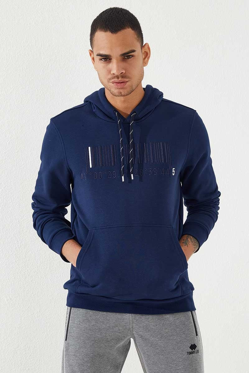 İndigo Nakışlı Kanguru Cep Standart Kalıp Kapüşonlu Erkek Sweatshirt - 87839
