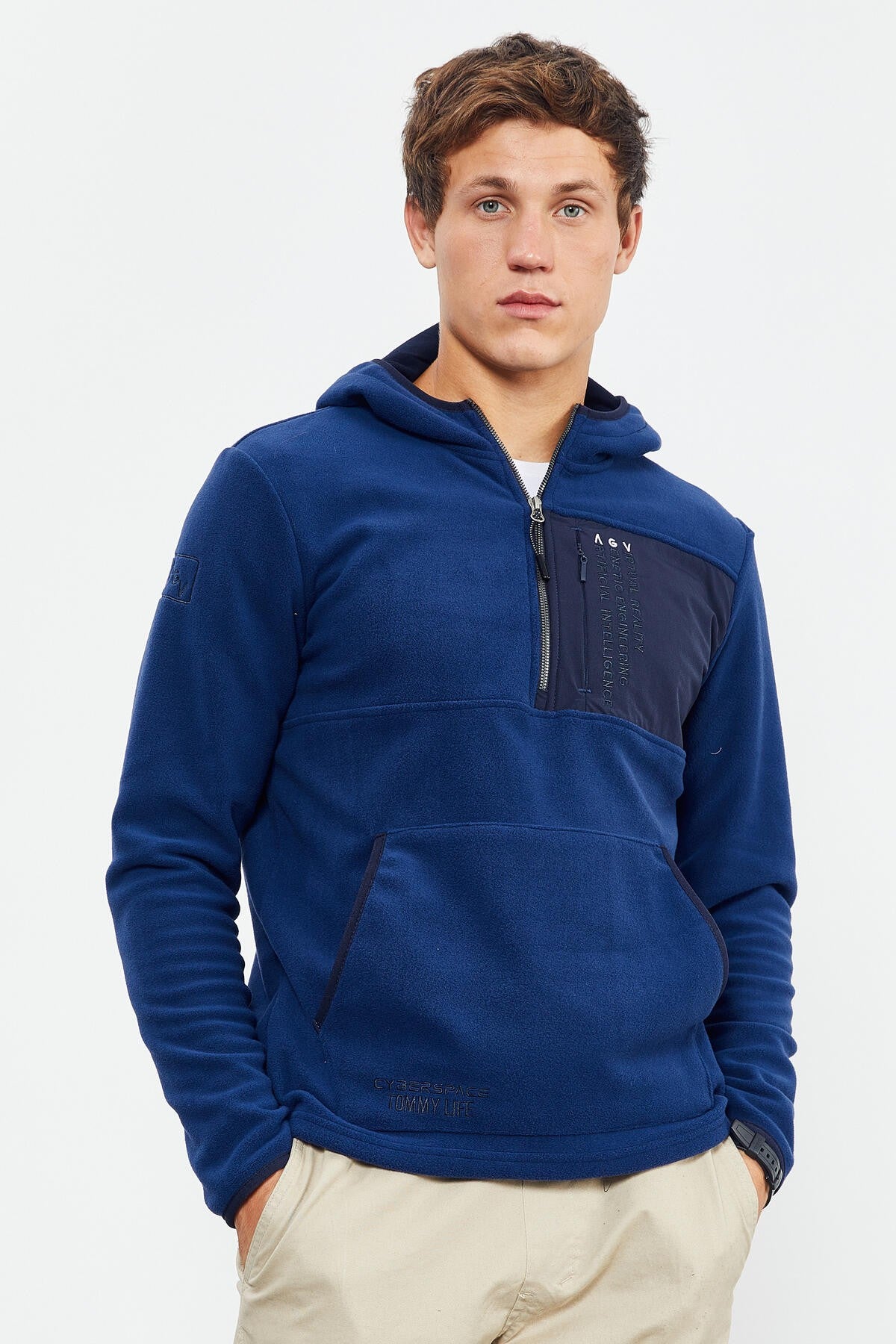 İndigo Nakışlı Yarım Fermuar Kapüşonlu Standart Kalıp Erkek Polar Sweatshirt - 87996