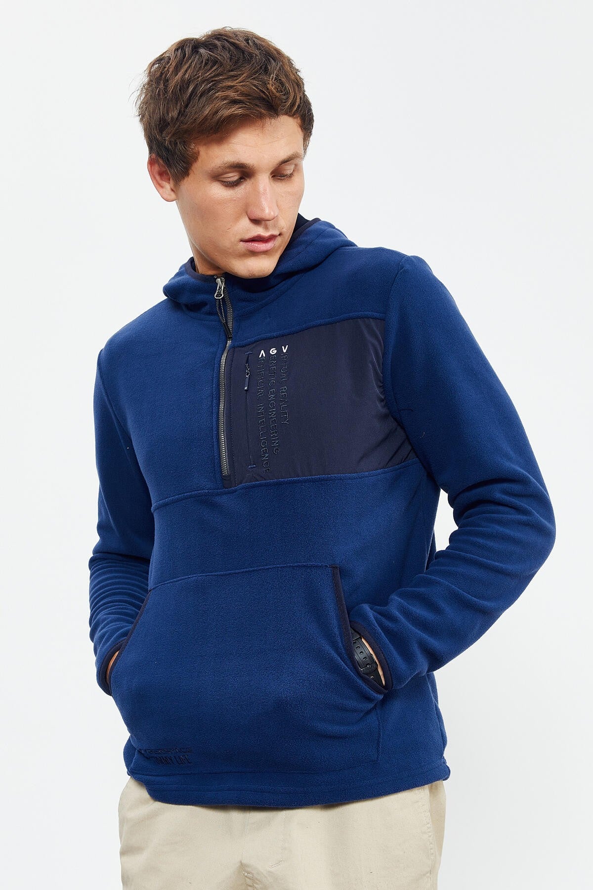İndigo Nakışlı Yarım Fermuar Kapüşonlu Standart Kalıp Erkek Polar Sweatshirt - 87996