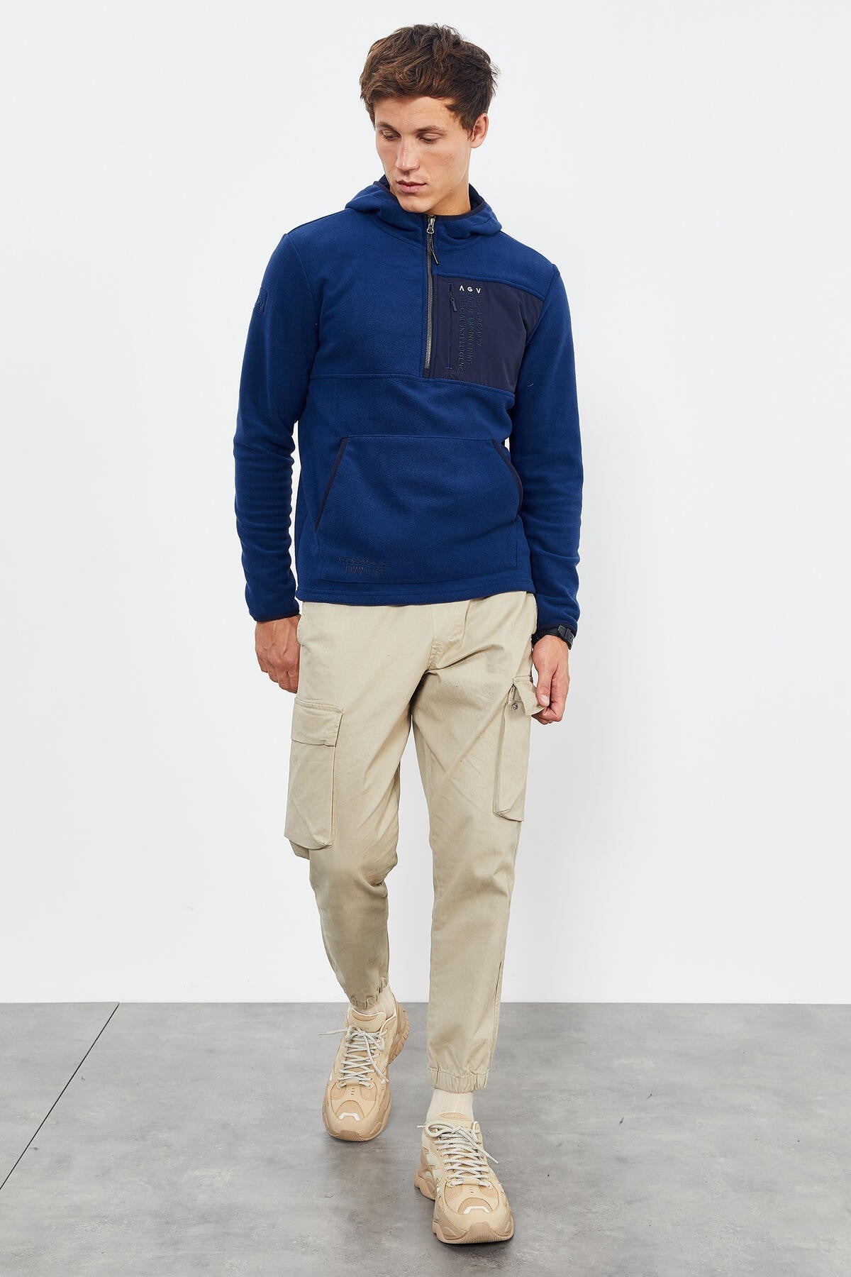 İndigo Nakışlı Yarım Fermuar Kapüşonlu Standart Kalıp Erkek Polar Sweatshirt - 87996