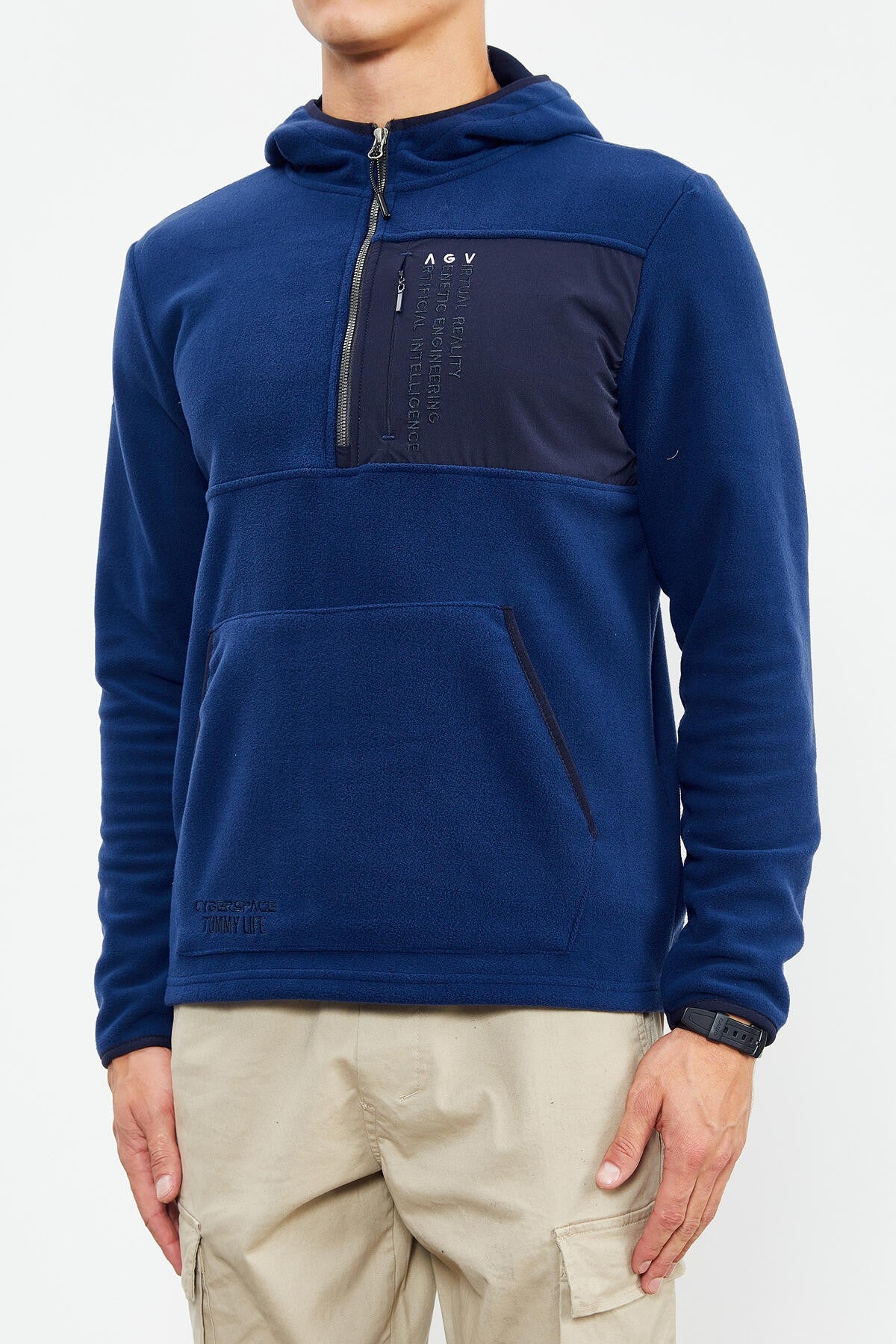 İndigo Nakışlı Yarım Fermuar Kapüşonlu Standart Kalıp Erkek Polar Sweatshirt - 87996