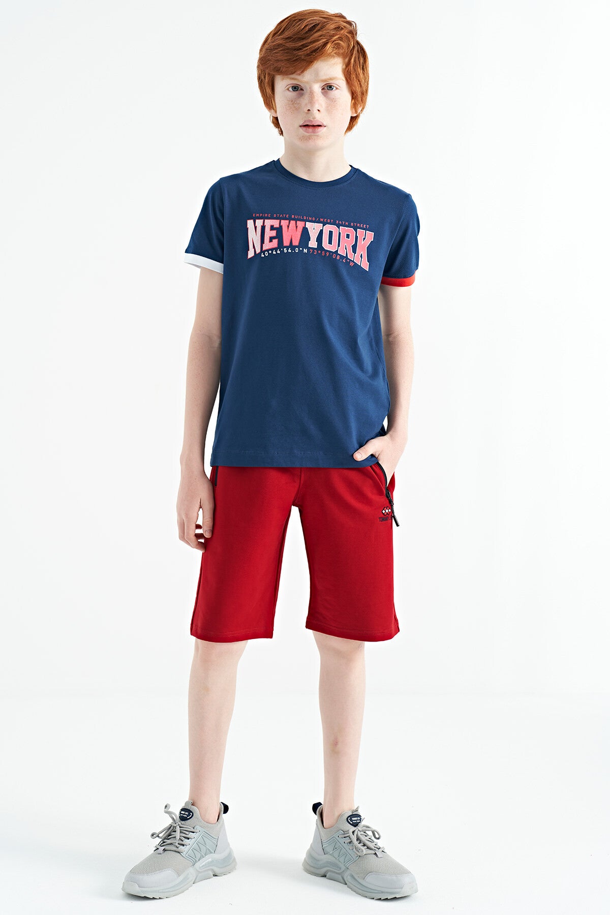 İndigo Yazı Baskılı Standart Kalıp O Yaka Erkek Çocuk T-Shirt - 11105