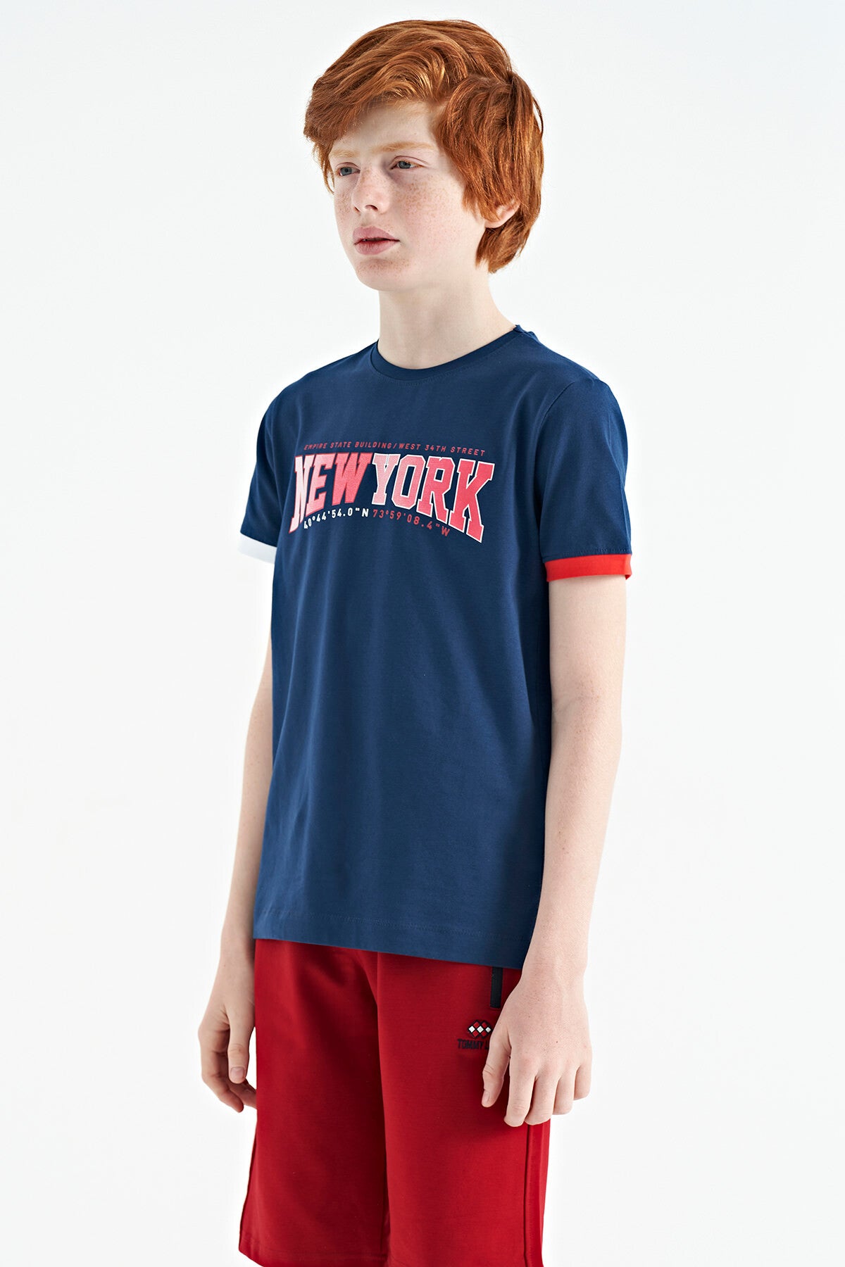 İndigo Yazı Baskılı Standart Kalıp O Yaka Erkek Çocuk T-Shirt - 11105
