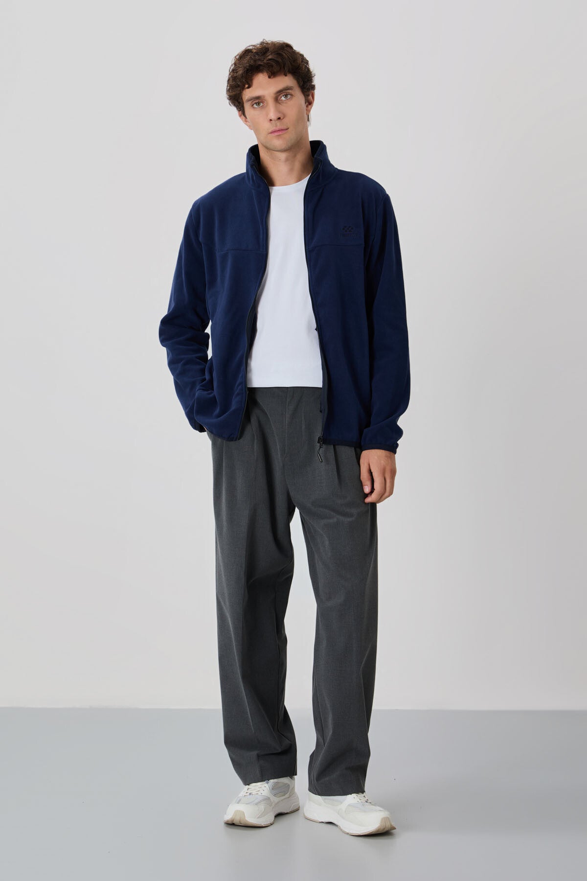 İndigo Yazı Nakışlı Dik Yaka Fermuarlı Standart Kalıp Erkek Sweatshirt Polar - 87992