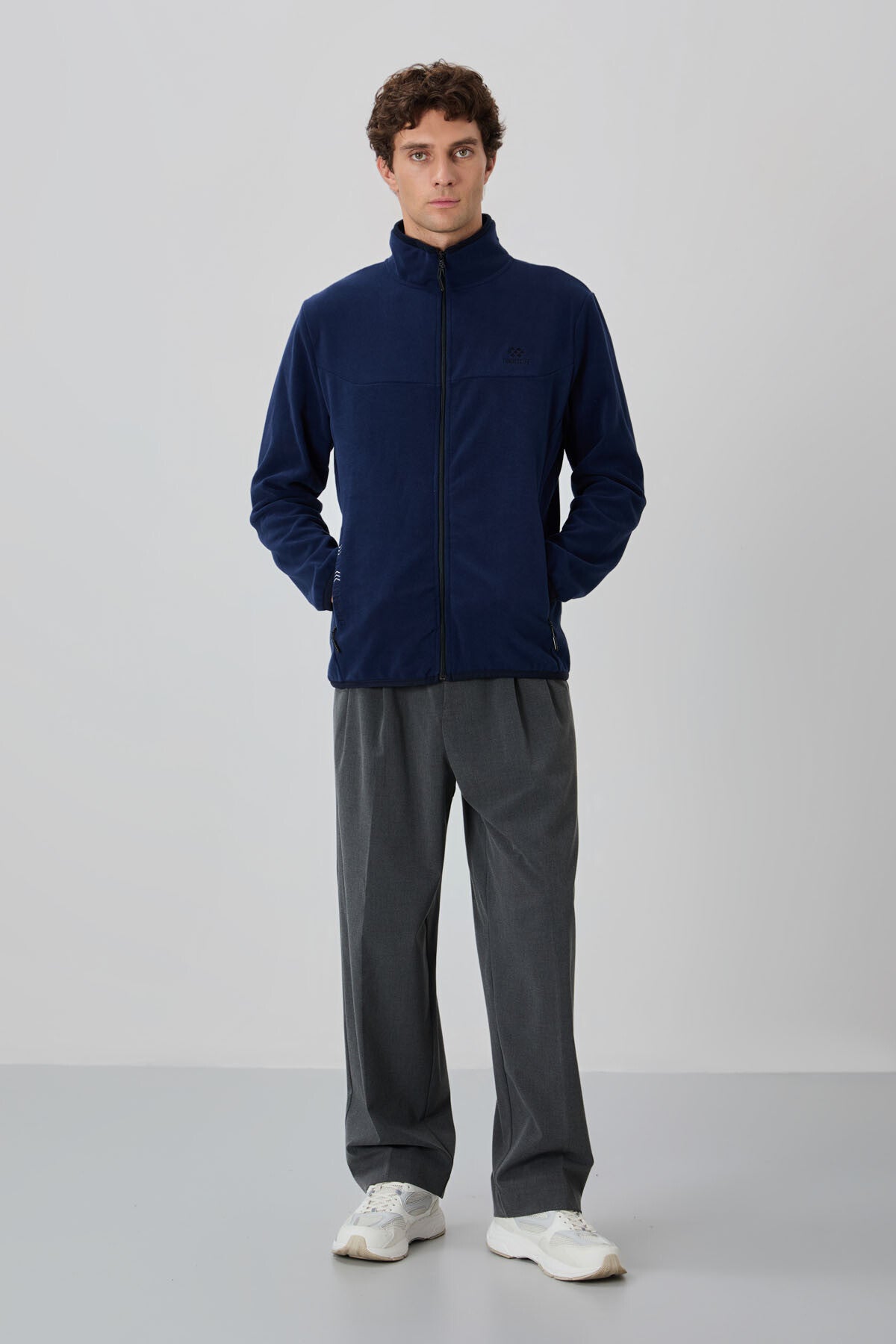 İndigo Yazı Nakışlı Dik Yaka Fermuarlı Standart Kalıp Erkek Sweatshirt Polar - 87992