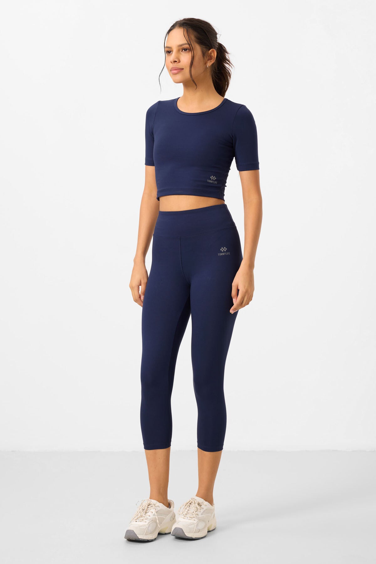 İndigo Yüksek Bel Kapri-Crop T-Shirt Slim Fit Kadın Tayt Takım - 95285
