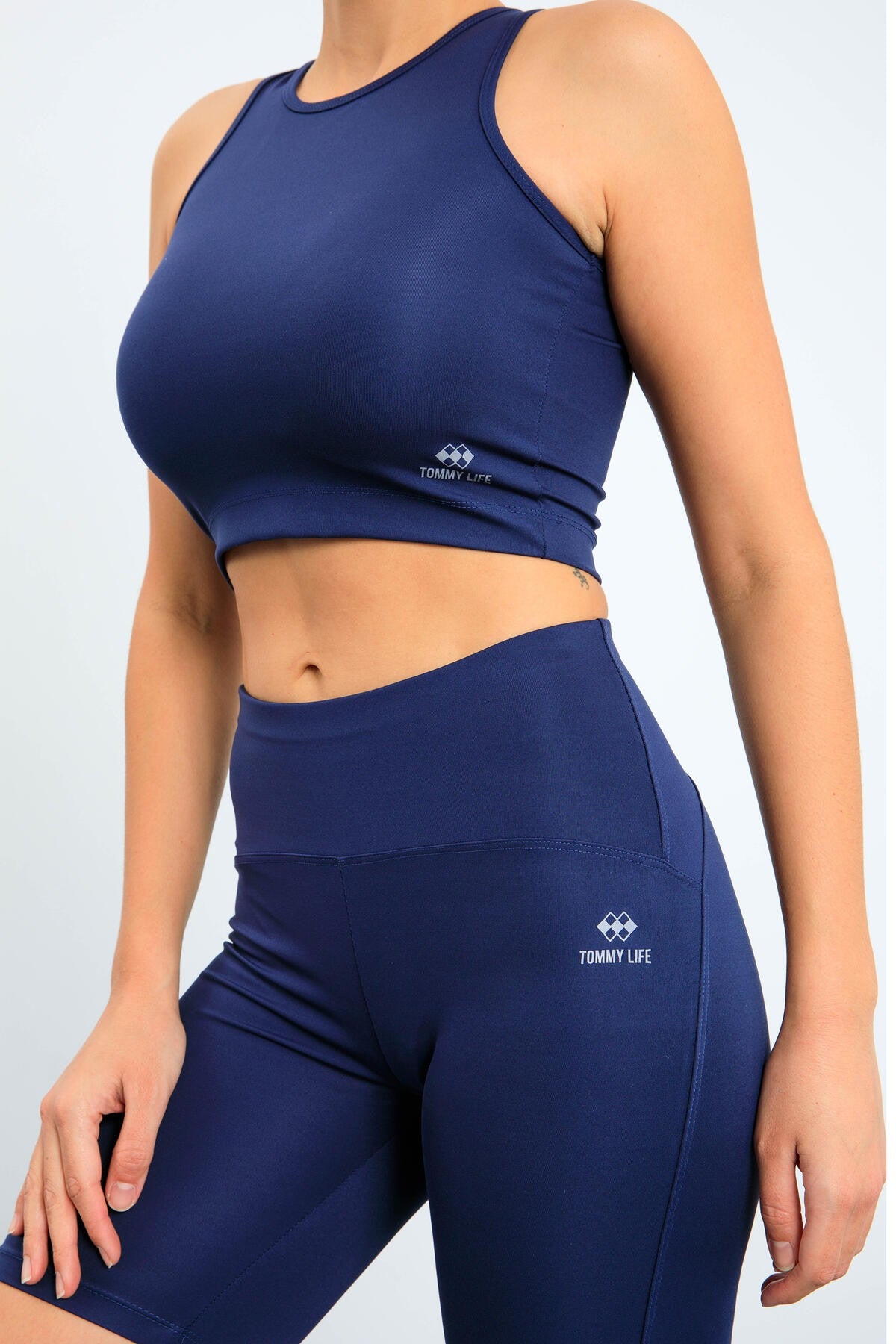 İndigo Yüksek Bel Toparlayıcı Dar Kalıp Crop Biker Kadın Tayt Takım - 95302