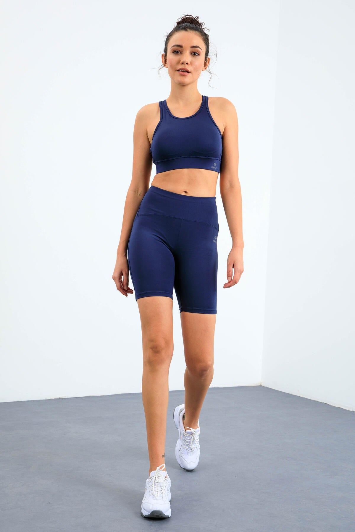 İndigo Yüksek Bel Toparlayıcı Slim Fit Büstiyer Biker Kadın Tayt Takım - 95303